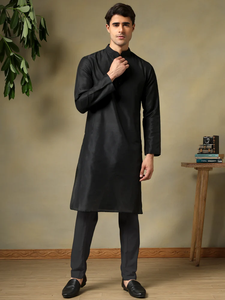 Mens <b>Black</b> Cotton <b>Silk</b> Kurta Set | Mandarin Collar Kurta with <b>Pyjama</b> | Solid Pattern |Breathable Fabric | Comfortable & Casual - Product Image 3