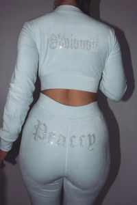 2024 Custom Women's Slim Fit Velour Tracksuits 2 Piece Set Vintage Decoration Reflective <b>Rhinestone</b> <b>Jacket</b> Jogger Solid Pattern - Product Image 4