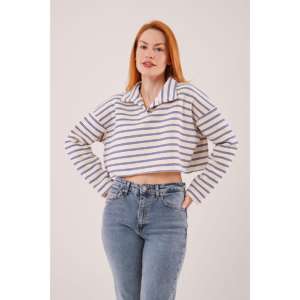 Sudadera con capucha corta para mujer, azul marino a rayas, con cuello polo, al por mayor - Product Image 4