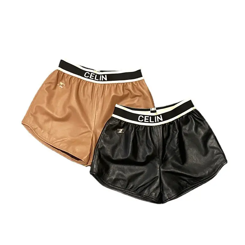 New Fashion Brand Design Hohe Taille Brief Tasche Casual Damen Kurze Hosen Schwarze Leder Shorts Frauen