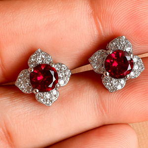 Red Garnet Floral CZ Halo Prong <b>Set</b> <b>Stud</b> <b>Earrings</b> Sterling <b>Silver</b> Rhodium Plated Women's Romantic Party Wedding Anniversary - Product Image 5