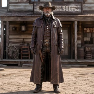 Manteau long en cuir véritable pour homme, style western, avec ceinture et plusieurs poches, service OEM - Product Image 1