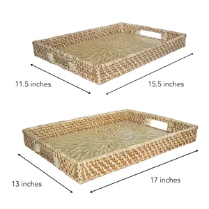 Wholesale High <b>End</b> Quality Rectangle Mother of Pearl Rattan Serving Tray MOP Inlay Lacquer Tray for Home and Restaurant - Product Image 4