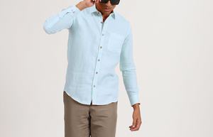 Chemise en lin bleu ciel pour homme, manches longues, col rabattu, teinture unie, anti-rétrécissement, séchage rapide, durable, été - Product Image 2