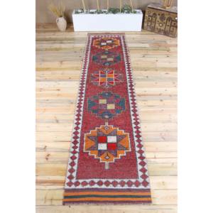 Alfombra Turca Vintage de 2.8x12 pies (85x365 cm), Alfombra Geométrica Roja Anaranjada Herki - Product Image 1
