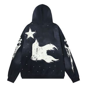 Recién llegado, suéter desgastado con diamantes de imitación de 500GSM de peso pesado, sudaderas con capucha cuadrada recortada con lavado ácido desteñido al sol térmico para hombres - Product Image 3