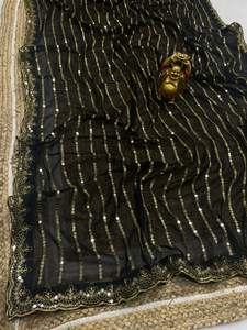 Magnifique sari indien traditionnel en georgette de soie douce avec broderies et sequins pour les occasions spéciales - Product Image 3