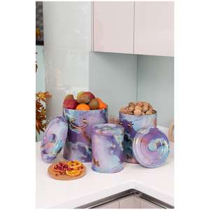 Juego de cubos de metal triple para patata, cebolla y ajo (3 piezas), textura de mármol rosa y dorado, diseño púrpura líquido - Product Image 1