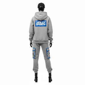 Conjunto Deportivo de Felpa Premium para Mujer, 320 GSM, Algodón y Poliéster, Gris con Paneles Azules, Sudadera con Capucha y Pantalones Jogger, Logotipo Personalizado, Tallas Grandes - Product Image 2