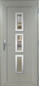 Puerta de PVC gris claro con detalles metálicos y acristalamiento moderno - Product Image 1