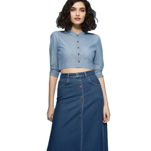 Jupes courtes en jean de style urbain pour femmes, enveloppantes, ajustables, vêtements de base quotidiens, vente en gros de jupes longues en denim pour femmes - Product Image 3