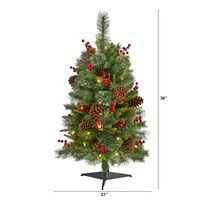 3 pieds. Arbre de Noël artificiel pré-éclairé en PE de Norvège mixte décoratif naturel et baies avec lumières LED pour fournitures de fête à la maison
