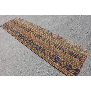 Alfombra turca Vintage de 2,5x9,3 pies, azul y tejido plano Beige, alfombra para sala de estar, Material de lana, respaldo de látex para decoraciones de adolescentes - Product Image 2