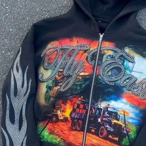 Sudadera con capucha de algodón con diamantes de imitación 100%, ropa de calle de moda, estampado Digital con letras, diamantes de imitación gráficos, sudadera con cremallera para hombre - Product Image 5
