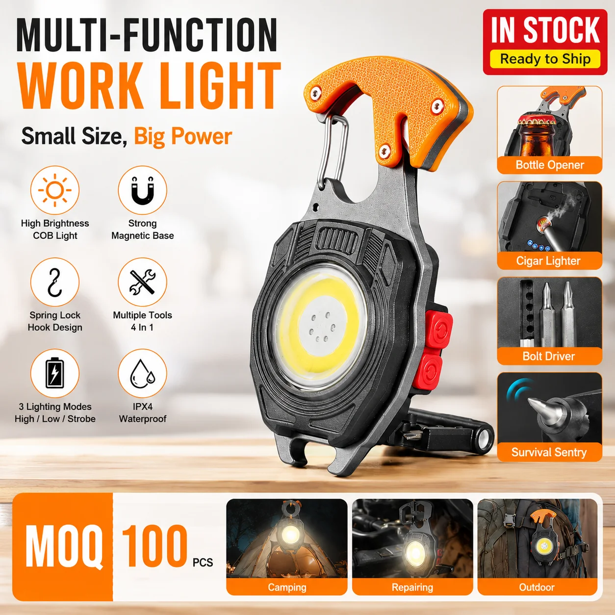 Portable High Brightness IP44 Waterproof COB LED Work Camping Light Aluminum Alloy Rechargeable Dimmable Keychain Flashlight