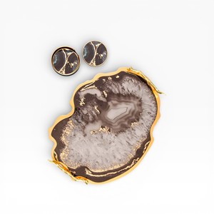 Grey Natural Agate Stone Decorative Tray with Organic Shape <b>Gold</b> Rim and Matching Stone <b>Coaster</b> Set for Luxury Home Styling - Product Image 1