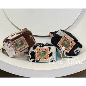 Large-Capacity Portable Genuine Cowhide Leather for <b>Toiletry</b> <b>Bag</b> Hand Tooled Turquoise Stone Accent <b>Women's</b> Cosmetic <b>Bags</b> Cases - Product Image 1
