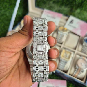 Reloj de pulsera para hombre, plateado, con incrustaciones de piedras, de acero inoxidable, con juego completo de piedras, estilo brillante - Product Image 5