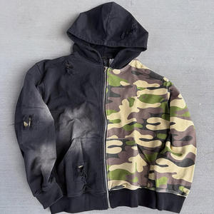 Sweat à capuche zippé personnalisé par le fabricant, imprimé camouflage patchwork, délavé à l'acide, style streetwear, color block, vintage - Product Image 1