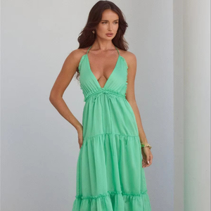 Venta caliente sin espalda largo Maxi para mujeres bohemio señoras ajuste holgado 100% tela de rayón encaje escalonado Floral señoras vestido liso - Product Image 1