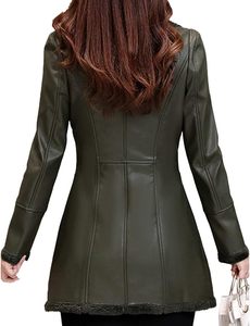 Chaqueta cálida forrada de piel de oveja con cuello de solapa de piel de oveja genuina verde para mujer - Product Image 5