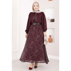 Conjunto Formal Otoñal para Mujer, Camisa de Manga Larga con Estampado Borgoña y Falda de Gasa con Cinturón - Product Image 3