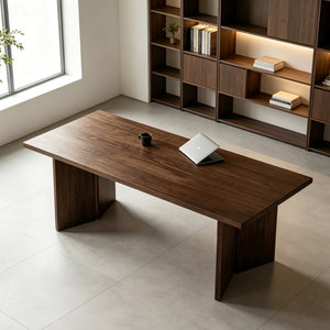 Bureau d'écriture rectangulaire en bois massif brun noyer avec supports en acrylique transparent, grain naturel, garantie 1 an - Product Image 3