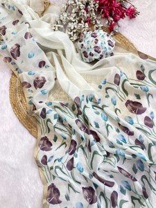 Sari en lin doux avec imprimé floral numérique intégral et chemisier moderne réversible pour Diwali, mariage, fête - Product Image 5