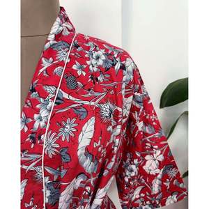 Boho-Kimono Style Handprinted Red Wildflower Chic Lightweight Cotton Indian Summer Luxury <b>Beach</b> Cover-Up Swimsuit <b>Accessory</b> - Product Image 2