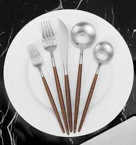 Cutlery Set of 4 Pcs Flatware for Home Restaurant Silver Color Modern Wood & Metal Cutlery Set Best Quality Spoon Fork and Knife - Product Image 1