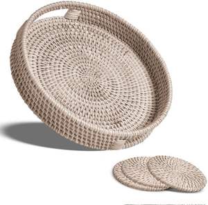 Plateau de service rond en rotin tissé à la main avec poignées et sous-verres Plateau décoratif en osier naturel pour la maison et la cuisine - Product Image 2