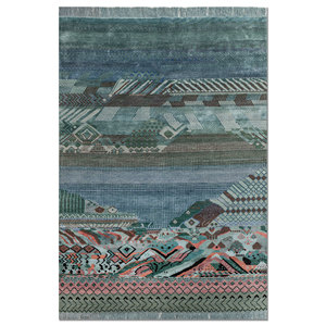Tapis Manchaha bleu noué à la main en laine et soie de bambou, épaisseur 10 mm, motif géométrique abstrait pour la maison, couloir, modèle rectangulaire - Les-2871 - Product Image 1