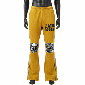 Pantalon évasé en molleton premium, mélange de coton brossé, couleur moutarde, panneaux aux genoux, logo imprimé sur mesure, pantalon évasé en molleton - Product Image 6