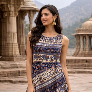 Vestido Midi de Verano Informal de Algodón con Estampado Naptol, Silueta Holgada, Cintura Natural, Vestido de Algodón con Estampado Naptol - Product Image 1