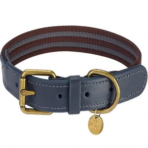 Correa de poliéster de buena calidad, collar de perro cosido de cuero genuino en todos los tamaños personalizados con hebilla de rodillo de acabado de latón sólido - Product Image 1
