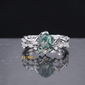 Anillo de Compromiso Hexagonal de Ágata Musgosa Natural, Juego de Anillos de Boda de Oro Sólido de 14K con Diseño de Hoja Inspirado en la Naturaleza para Mujer - Product Image 1