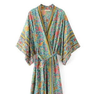 Kimono con estampado Floral bohemio para mujer, ropa de descanso ligera de viscosa, mangas anchas con cordón, detalles de bordes étnicos suaves - Product Image 1