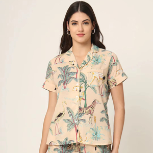 Nuevo Conjunto de Pijama de Mujer 100% Algodón con Estampado Floral, Manga Corta y Cuello en V, Suave, Transpirable y de Secado Rápido para Verano, Otoño y Primavera - Product Image 1
