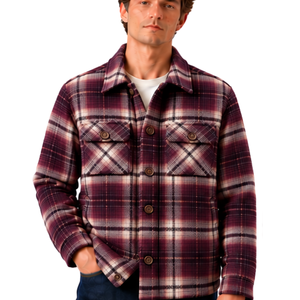 Chaqueta a cuadros Borgoña para hombre con forro de sherpa suave, botones frontales y bolsillos en el pecho, ropa de abrigo informal de invierno. - Product Image 1