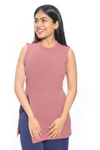 Haut tunique sans manches pour femme en mélange de polyester beige avec fente latérale style palangre idéal pour le bureau d'été et les vêtements décontractés - Product Image 3