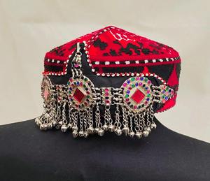 Authentic Afghan Geometric Pattern <b>Hat</b> In Red And Black Embroidery Featuring Triple Medallion Silver Chain Fringe Traditional - Product Image 4