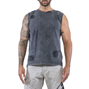 Washed Design Men's Distressed Custom Color Tank Top High Street Fashionable Blank Cropped Design Slim Fit Acid Washed Top - Product Image 1