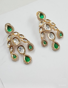 Indian <b>Gold</b> Plated Traditional and Fashionable Kundan and Hanging Pearl Bahubali Earrings for Women and Girls <b>Jewellery</b> Set - Product Image 1
