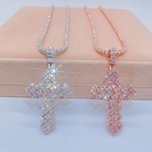 Colgante de Cruz de moissanita de Baguette de plata esterlina con cadena de tenis de 3mm | Joyería de hip hop - Product Image 3