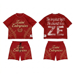 Custom Women T Shirt and Short <b>Set</b> 180 GSM Premium Cotton Blend Red Graphic Print Custom DTF Screen Print Logo OEM - Product Image 1