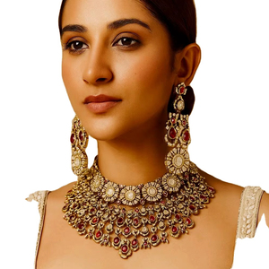 Conjunto de collar llamativo de cuello completo de alta calidad con pendientes con detalles Kundan y configuración de anuncios a precios al por mayor - Product Image 1