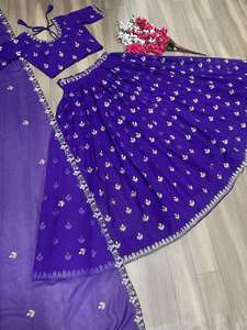Lehenga Choli en soie bleu royal pour les fêtes Cancan-Toile entièrement évasée avec paillettes de fil Blouse cousue et Dupatta - Product Image 5