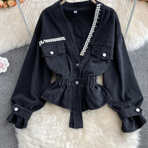 Chaqueta vaquera con cuentas y cuello en V holgada informal para mujer 2025 con Top vaquero corto estampado lavado y teñido liso para verano - Product Image 3