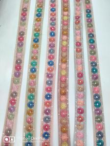 Custom Made Machine Embroidered Laces in <b>Small</b> Pearls & <b>Mirror</b> Work in Colours for Wedding Dresses - Product Image 5