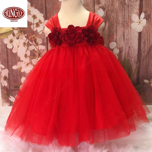 Vestido floral de manga corta con mangas abullonadas y cuello redondo para niñas, vestido de fiesta en capas hasta la rodilla con lazos grandes, nudo de corbata en la espalda, suministro ODM - Product Image 4
